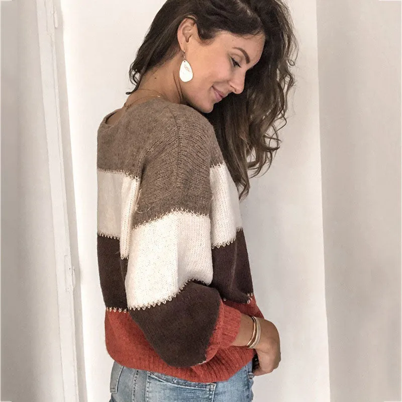 Fashion Crewneck Colorblock Patchwork Knit Sweater
