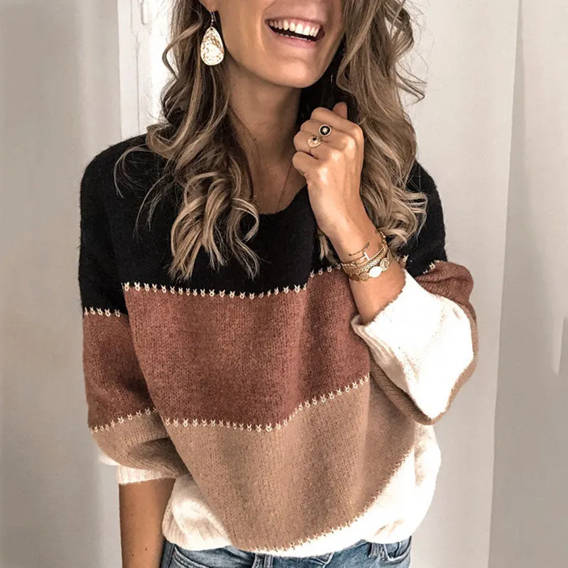 Fashion Crewneck Colorblock Patchwork Knit Sweater