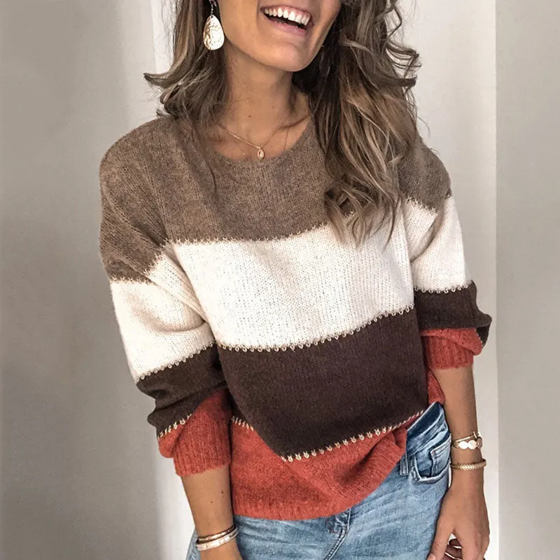 Fashion Crewneck Colorblock Patchwork Knit Sweater