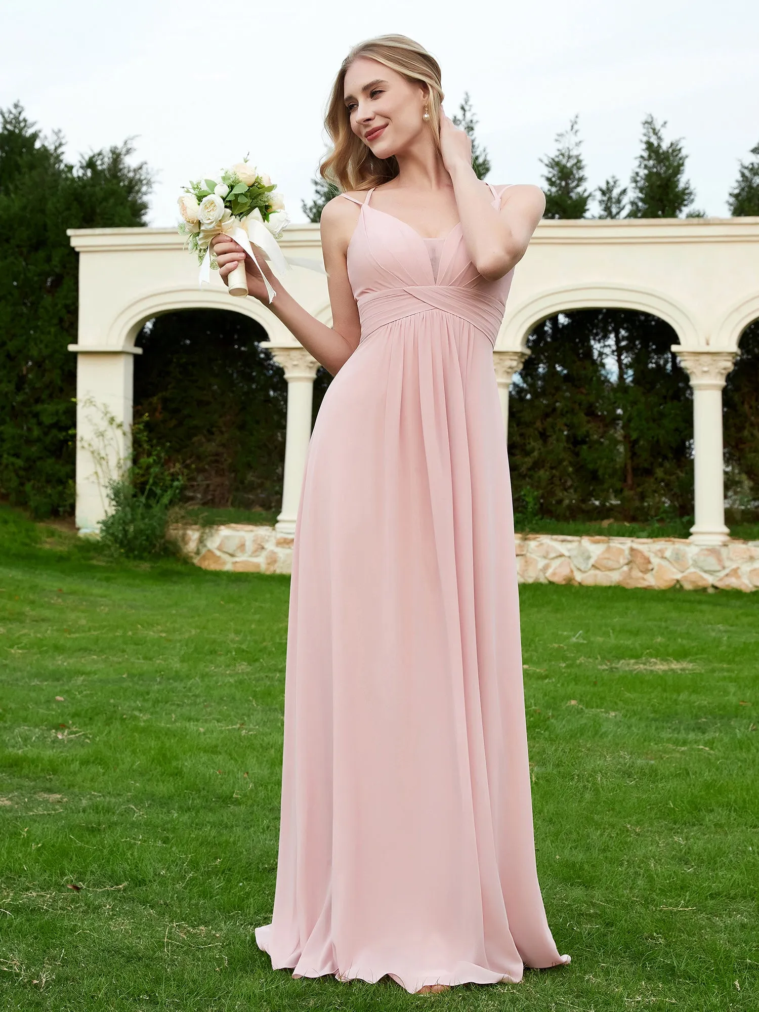 Floor Length V Neck Chiffon Bridesmaid Gown Dusty Rose Plus Size