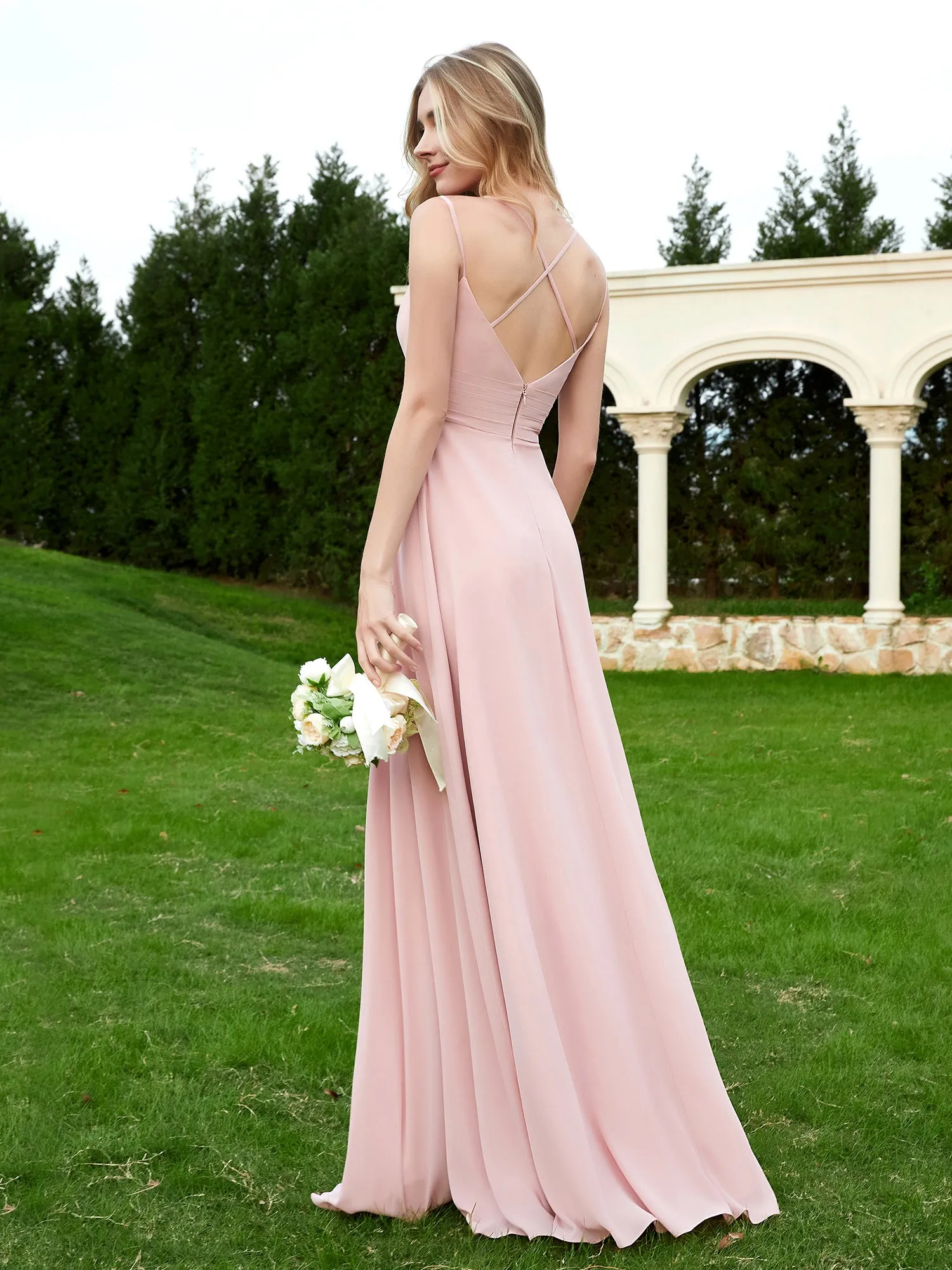 Floor Length V Neck Chiffon Bridesmaid Gown Dusty Rose Plus Size