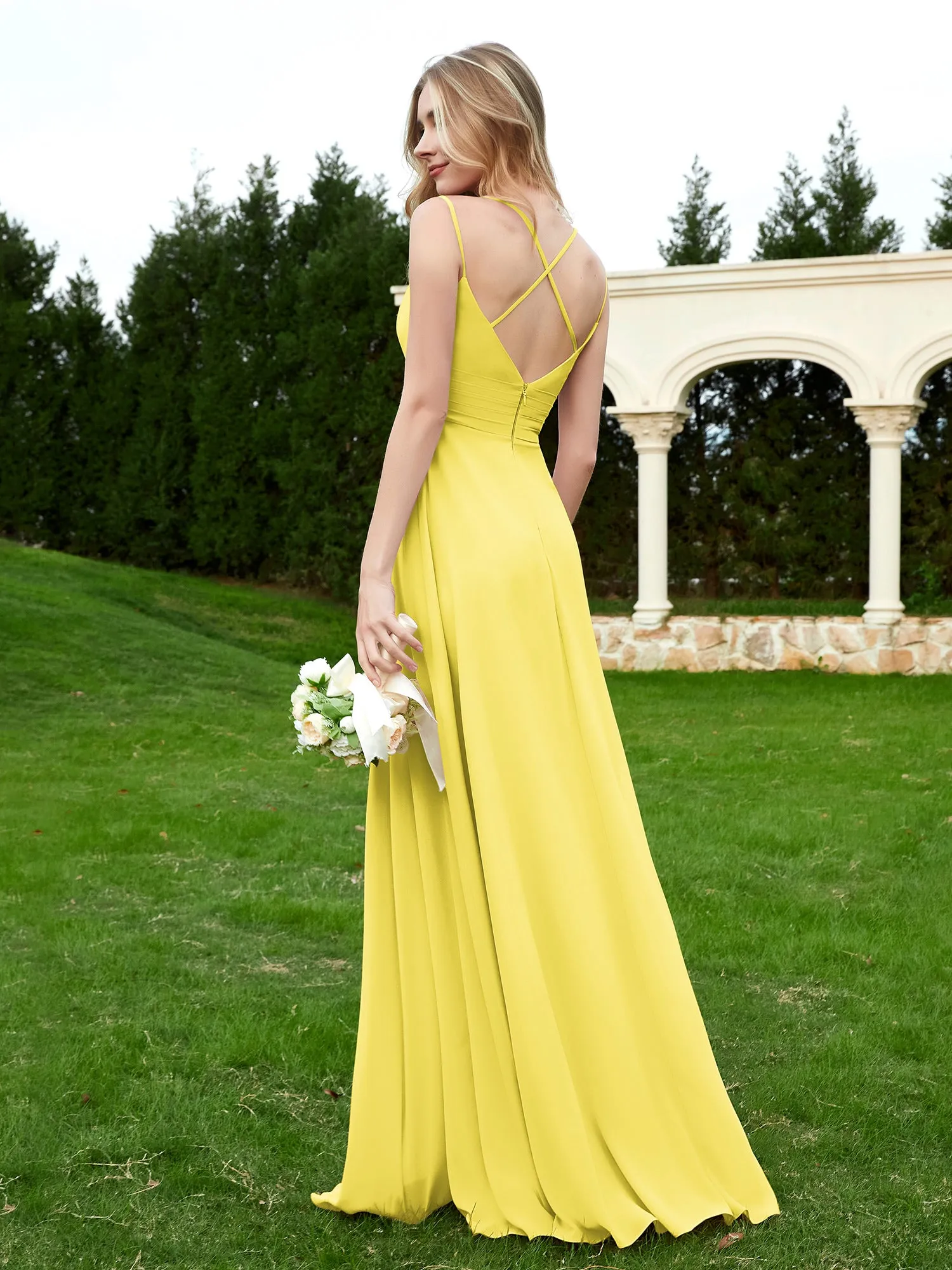 Floor Length V Neck Chiffon Bridesmaid Gown Lemon