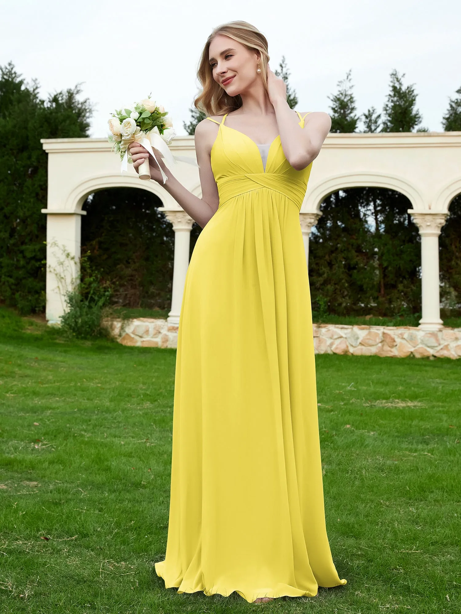 Floor Length V Neck Chiffon Bridesmaid Gown Lemon