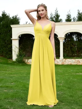 Floor Length V Neck Chiffon Bridesmaid Gown Lemon