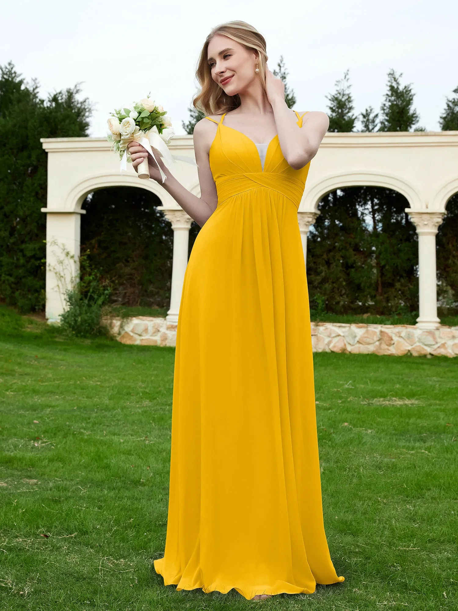 Floor Length V Neck Chiffon Bridesmaid Gown Marigold
