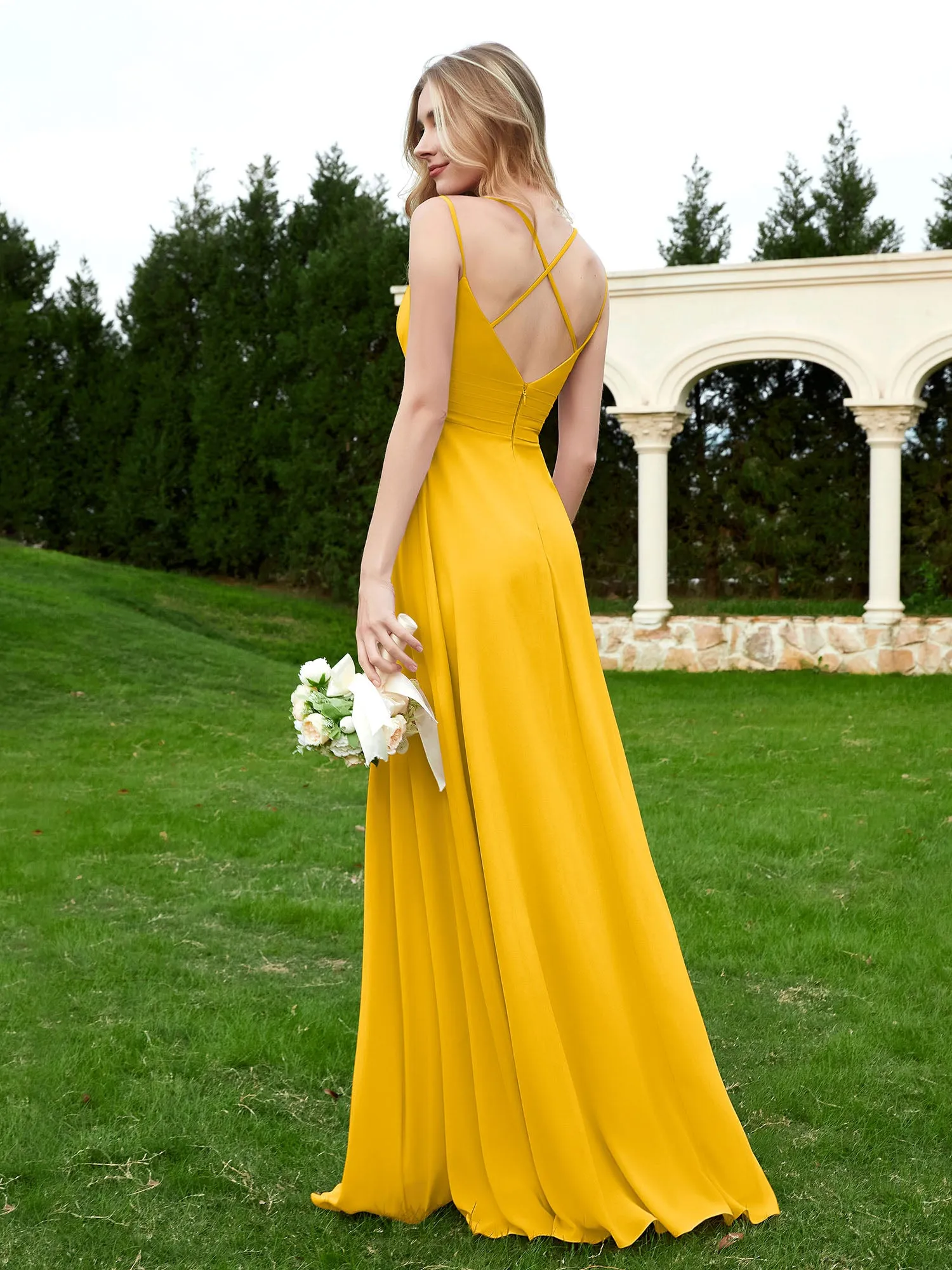 Floor Length V Neck Chiffon Bridesmaid Gown Marigold