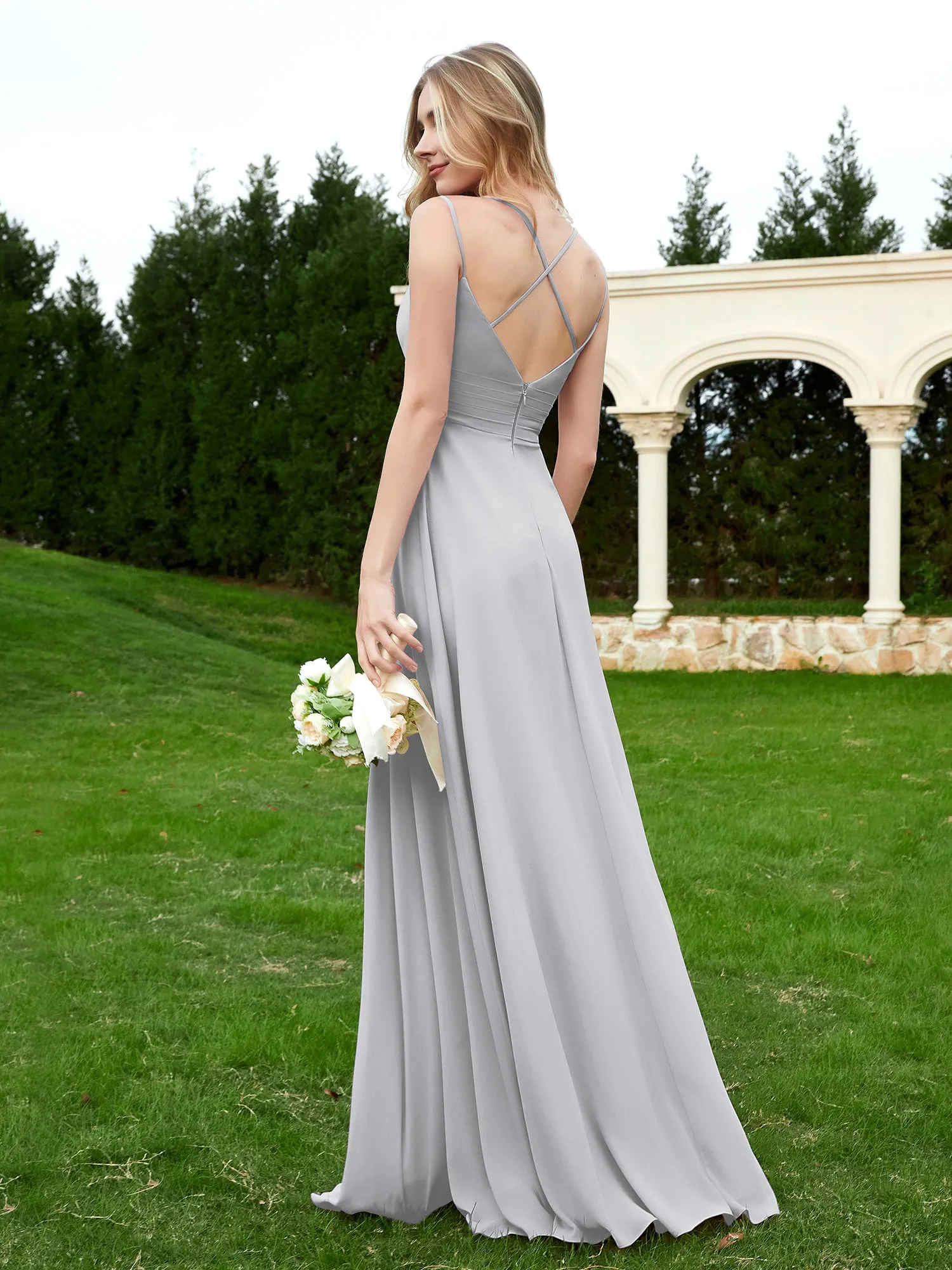 Floor Length V Neck Chiffon Bridesmaid Gown Silver