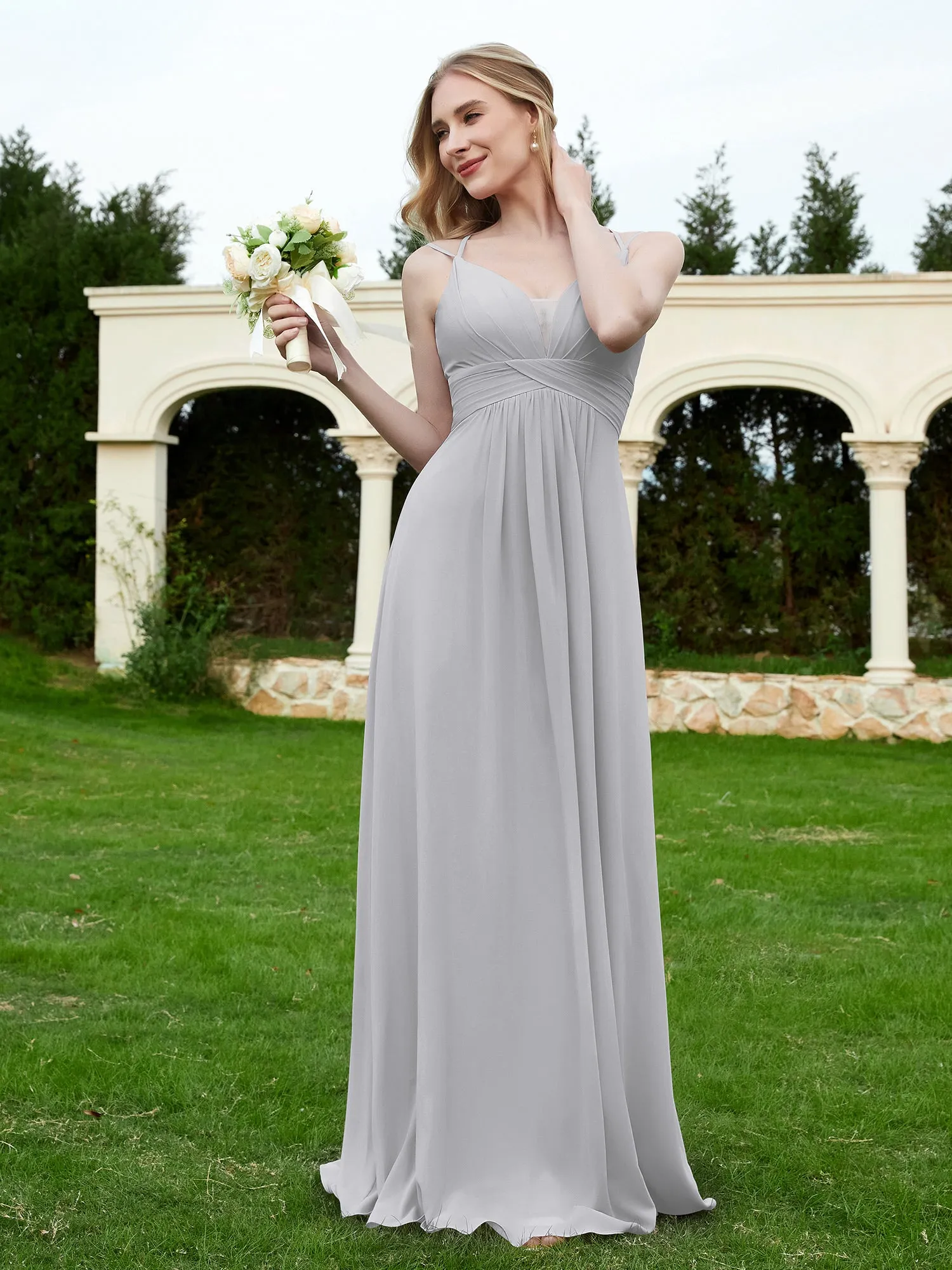 Floor Length V Neck Chiffon Bridesmaid Gown Silver