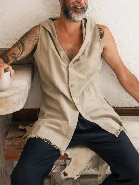 Gbolsos2022 Spring Summer Sleeveless Casual Vest Shirt Men Fashion Hoodie Tank Top Vintage Solid Buttoned Vest Pullover Mens Streetwear