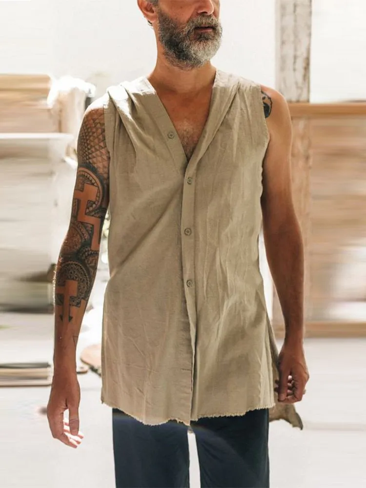 Gbolsos2022 Spring Summer Sleeveless Casual Vest Shirt Men Fashion Hoodie Tank Top Vintage Solid Buttoned Vest Pullover Mens Streetwear