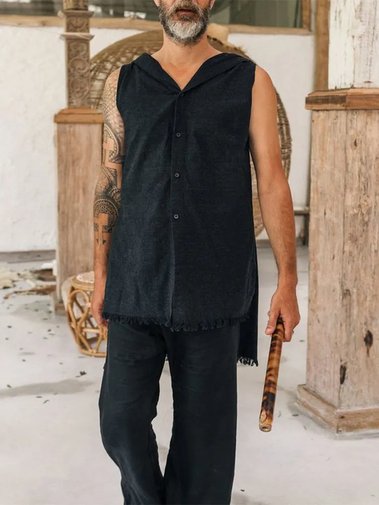 Gbolsos2022 Spring Summer Sleeveless Casual Vest Shirt Men Fashion Hoodie Tank Top Vintage Solid Buttoned Vest Pullover Mens Streetwear
