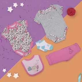 Gift Set Set Of 5 Bib Body Suits Pant And Socks Floral Pink