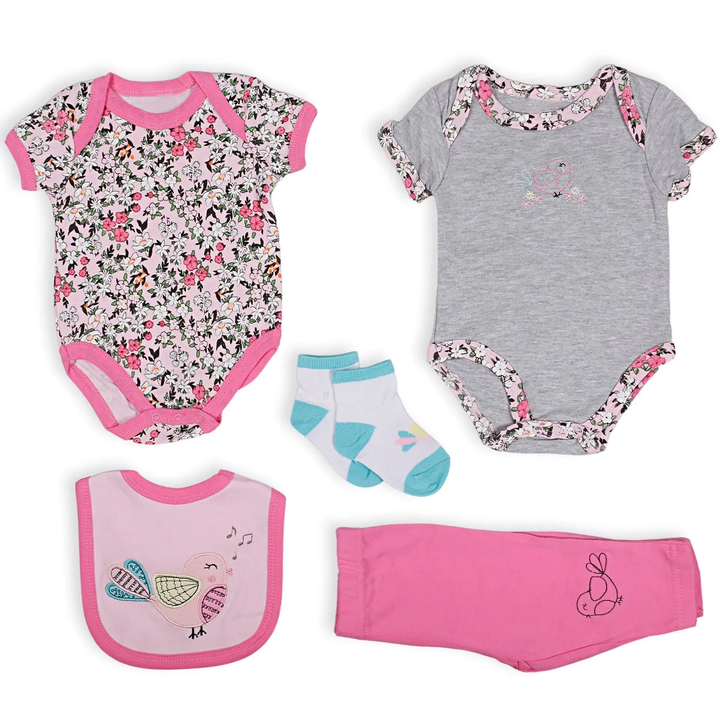 Gift Set Set Of 5 Bib Body Suits Pant And Socks Floral Pink