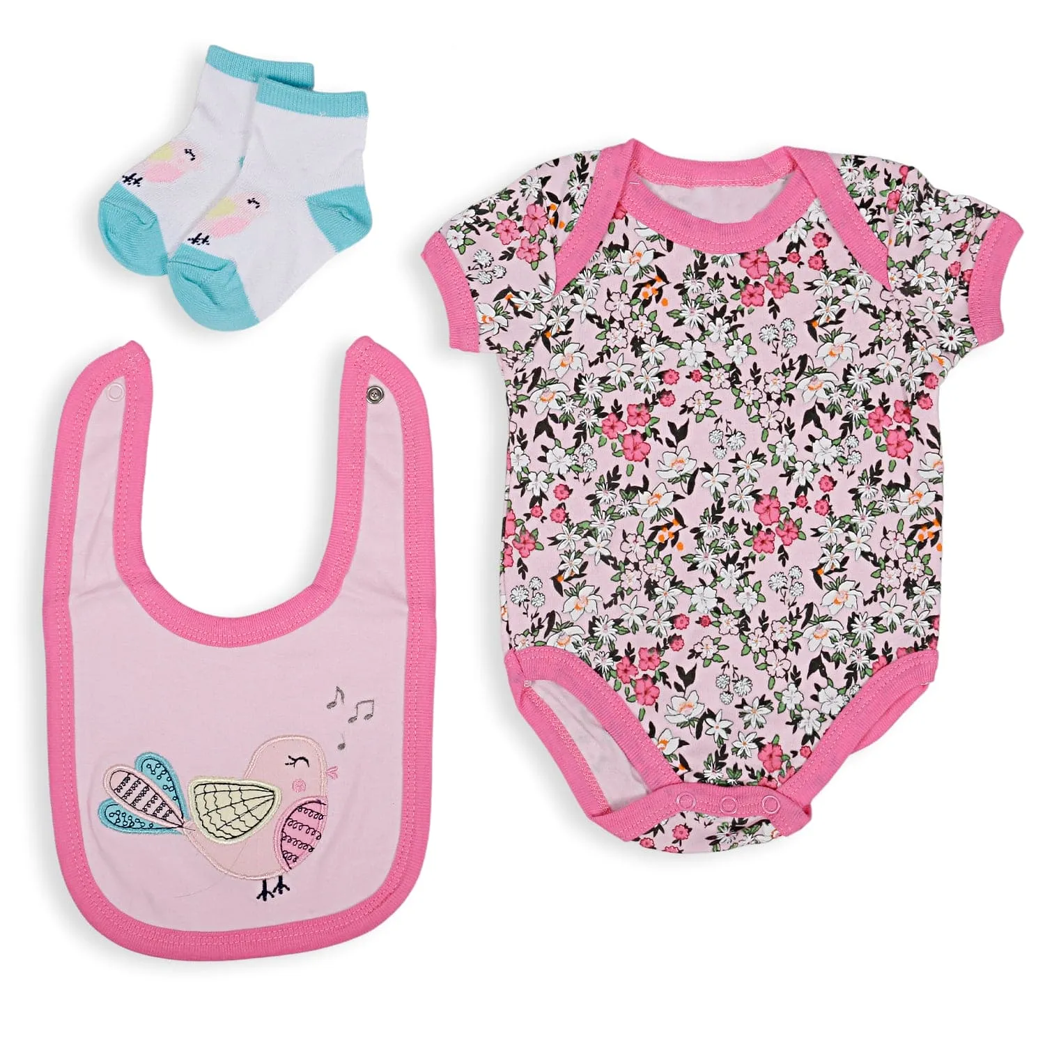 Gift Set Set Of 5 Bib Body Suits Pant And Socks Floral Pink