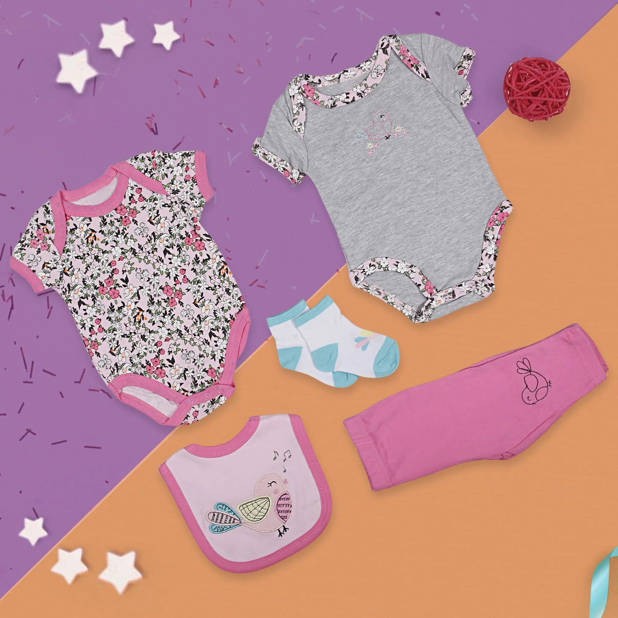 Gift Set Set Of 5 Bib Body Suits Pant And Socks Floral Pink