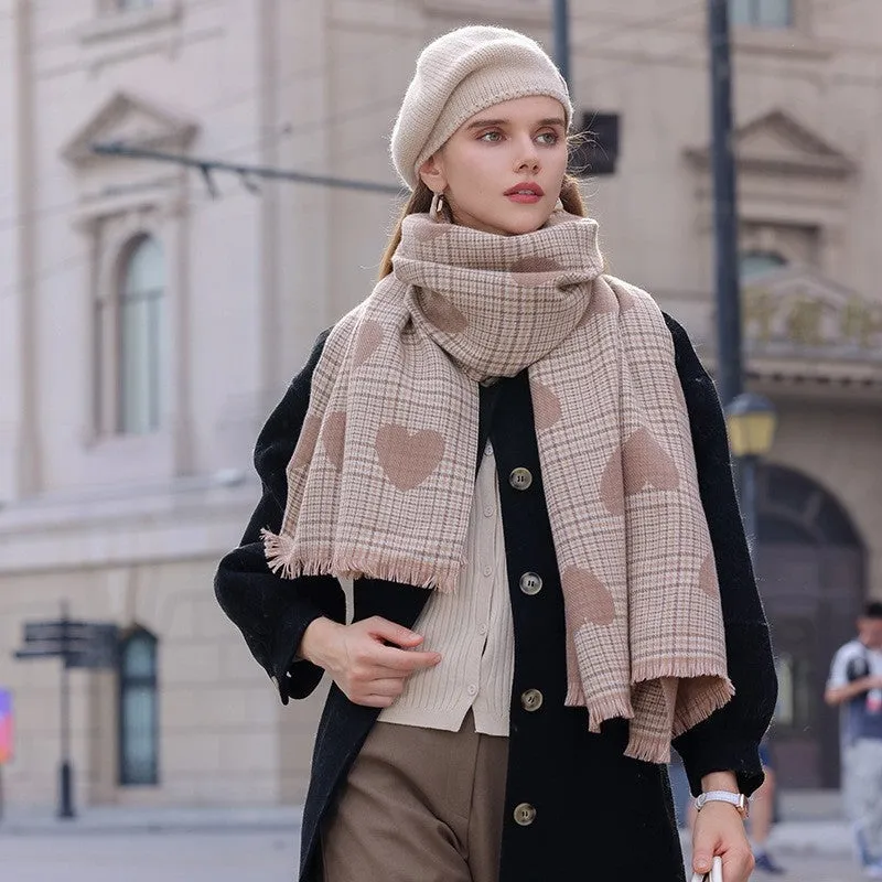 Heart Printed Plaid Tasseled Thick Warm Shawl Scarf