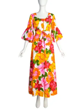 Hilo Hattie Vintage 1960s Hawaiian White Pink Yellow Hibiscus Floral Maxi Dress