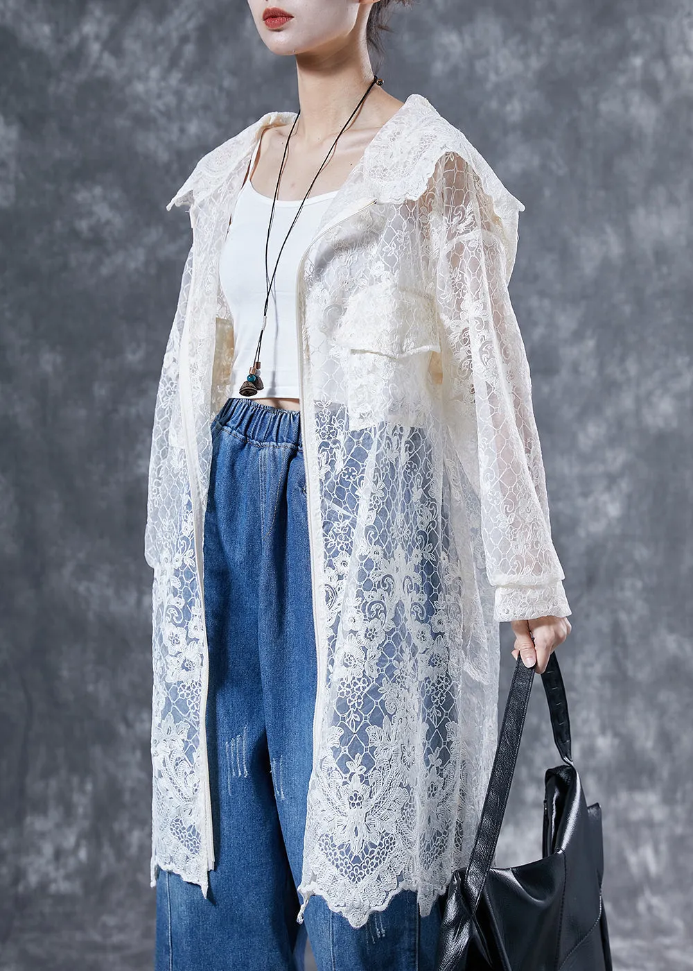 Italian Beige Hooded Embroideried Hollow Out Tulle Cardigans Summer LY4056