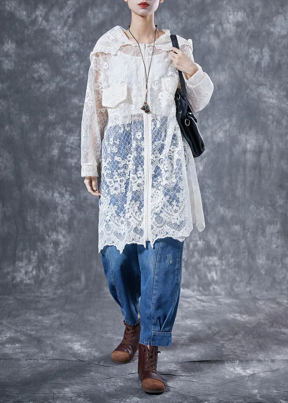 Italian Beige Hooded Embroideried Hollow Out Tulle Cardigans Summer LY4056
