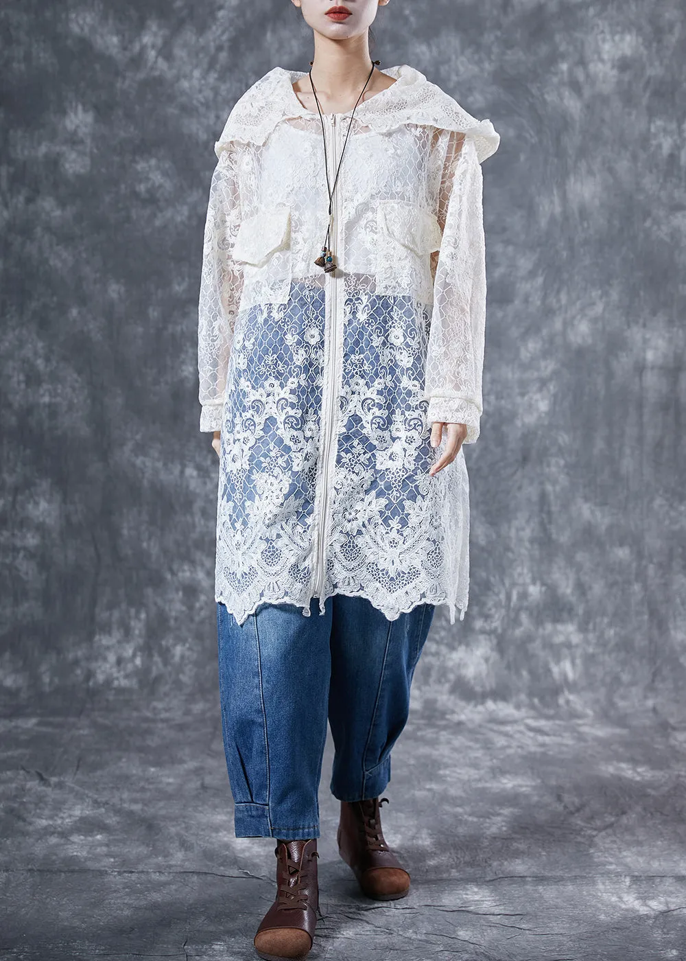 Italian Beige Hooded Embroideried Hollow Out Tulle Cardigans Summer LY4056