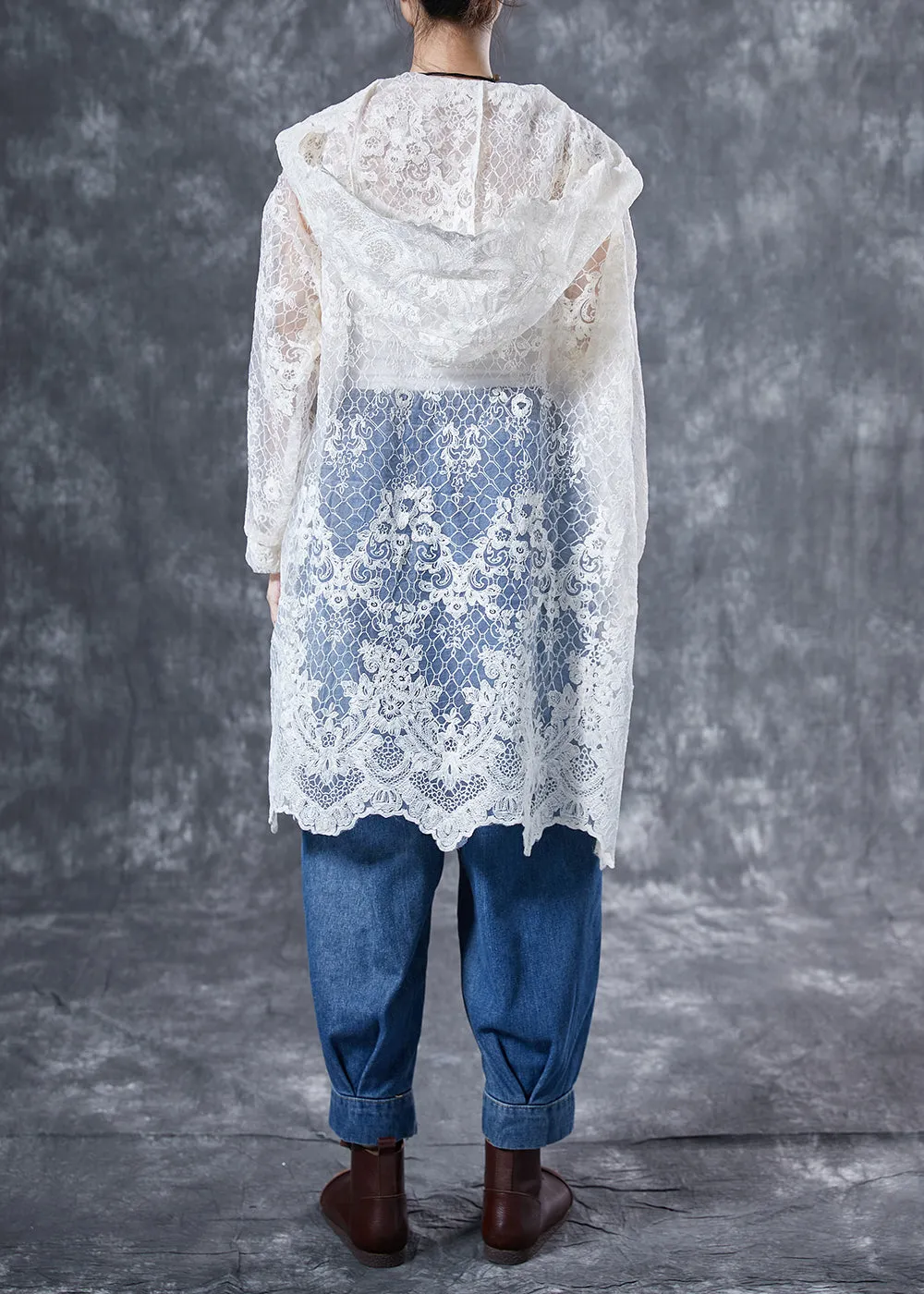 Italian Beige Hooded Embroideried Hollow Out Tulle Cardigans Summer LY4056