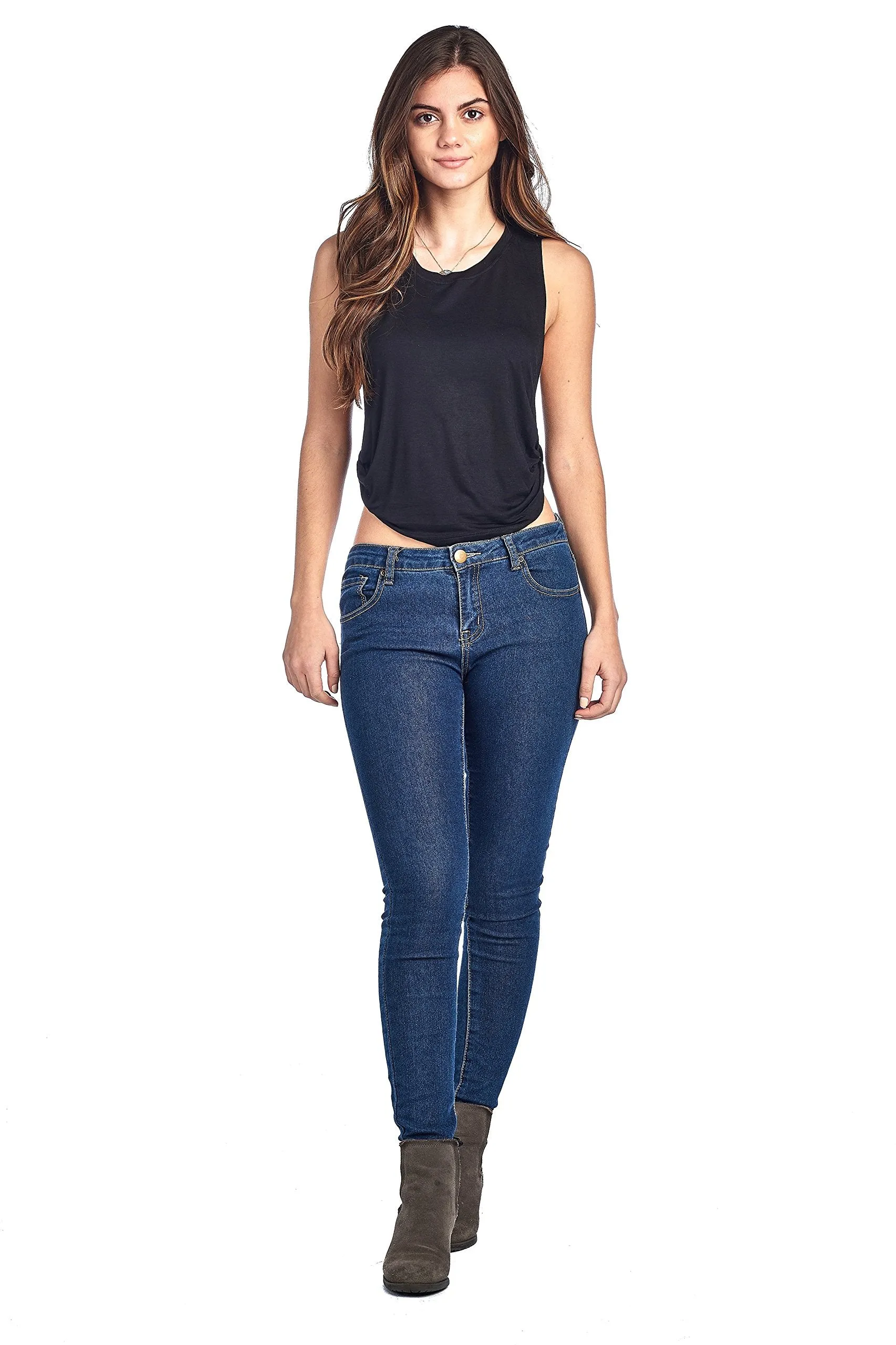 Khanomak Plain Casual Cinched Side Long Arm Holes Cropped Tank Top