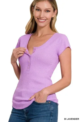 Lavender Baby Waffle Snap Button Cap Sleeve Top