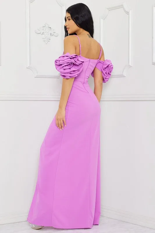 Lavender Ruffle Round Flower Shoudler Maxi Dress