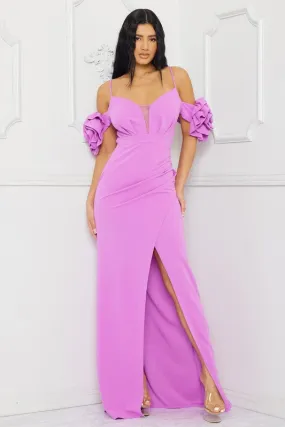 Lavender Ruffle Round Flower Shoudler Maxi Dress