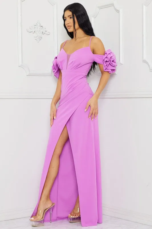 Lavender Ruffle Round Flower Shoudler Maxi Dress