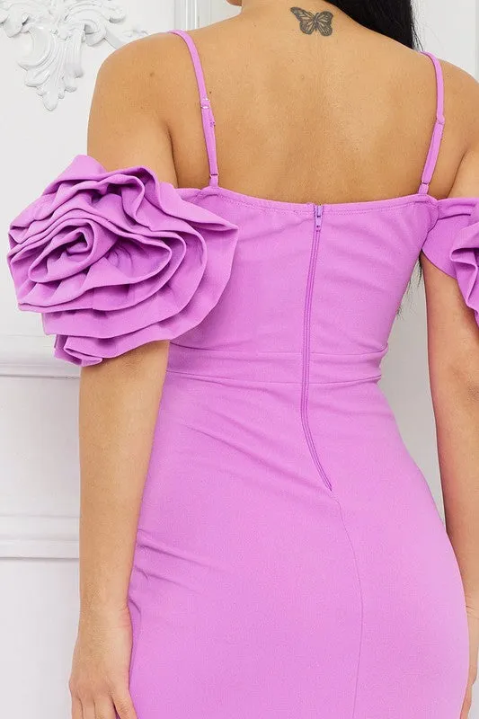 Lavender Ruffle Round Flower Shoudler Maxi Dress