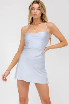 Light Blue Silky Satin Lace Up Mini Dress
