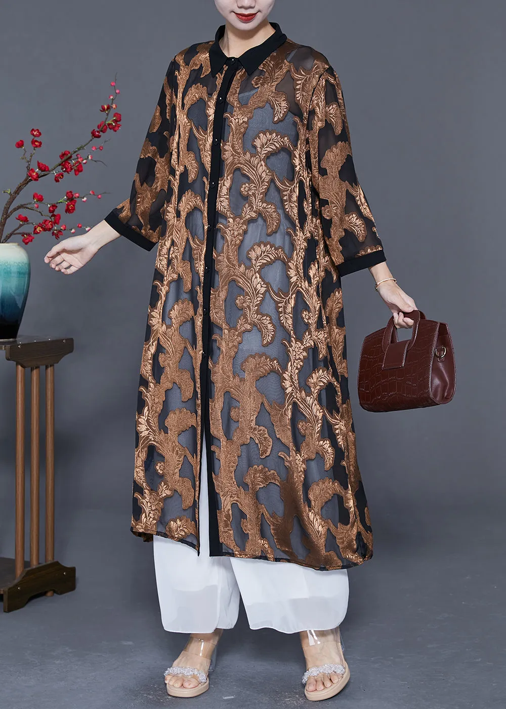 Loose Khaki Jacquard Hollow Out Tulle UPF 50  Long Cardigans Summer