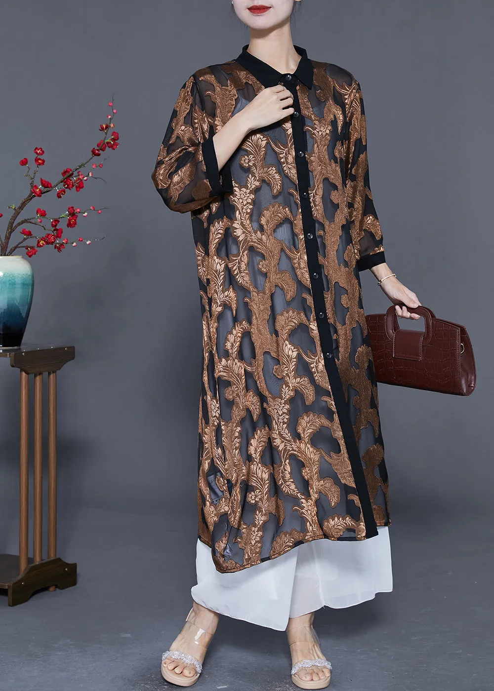 Loose Khaki Jacquard Hollow Out Tulle UPF 50  Long Cardigans Summer