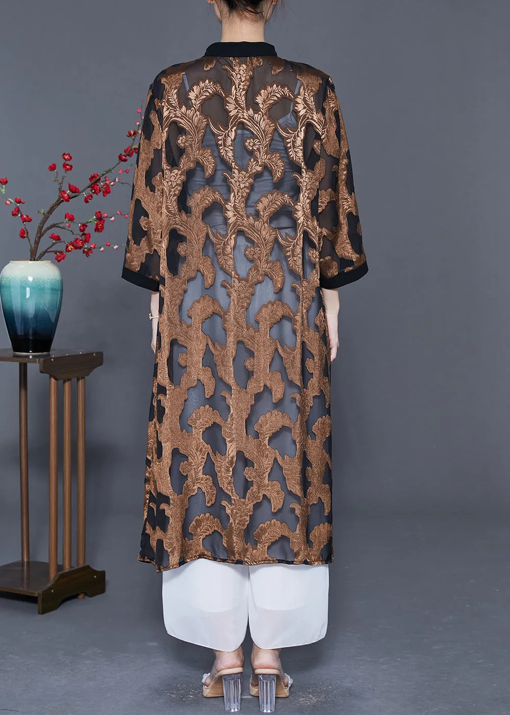 Loose Khaki Jacquard Hollow Out Tulle UPF 50  Long Cardigans Summer
