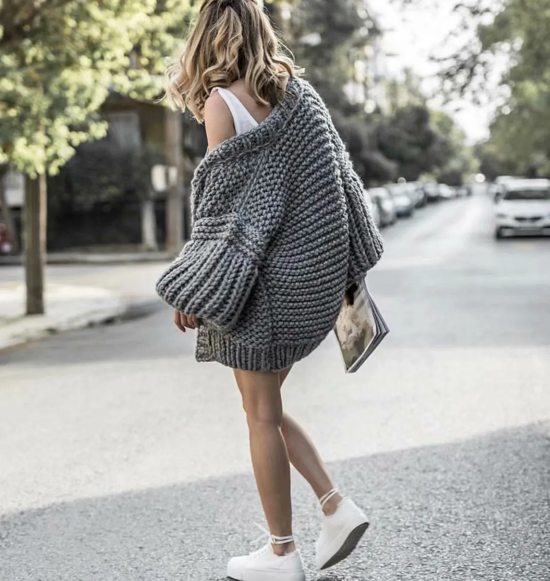 Loose Long Bishop Sleeves Women Hand Knit Chunky Sweater