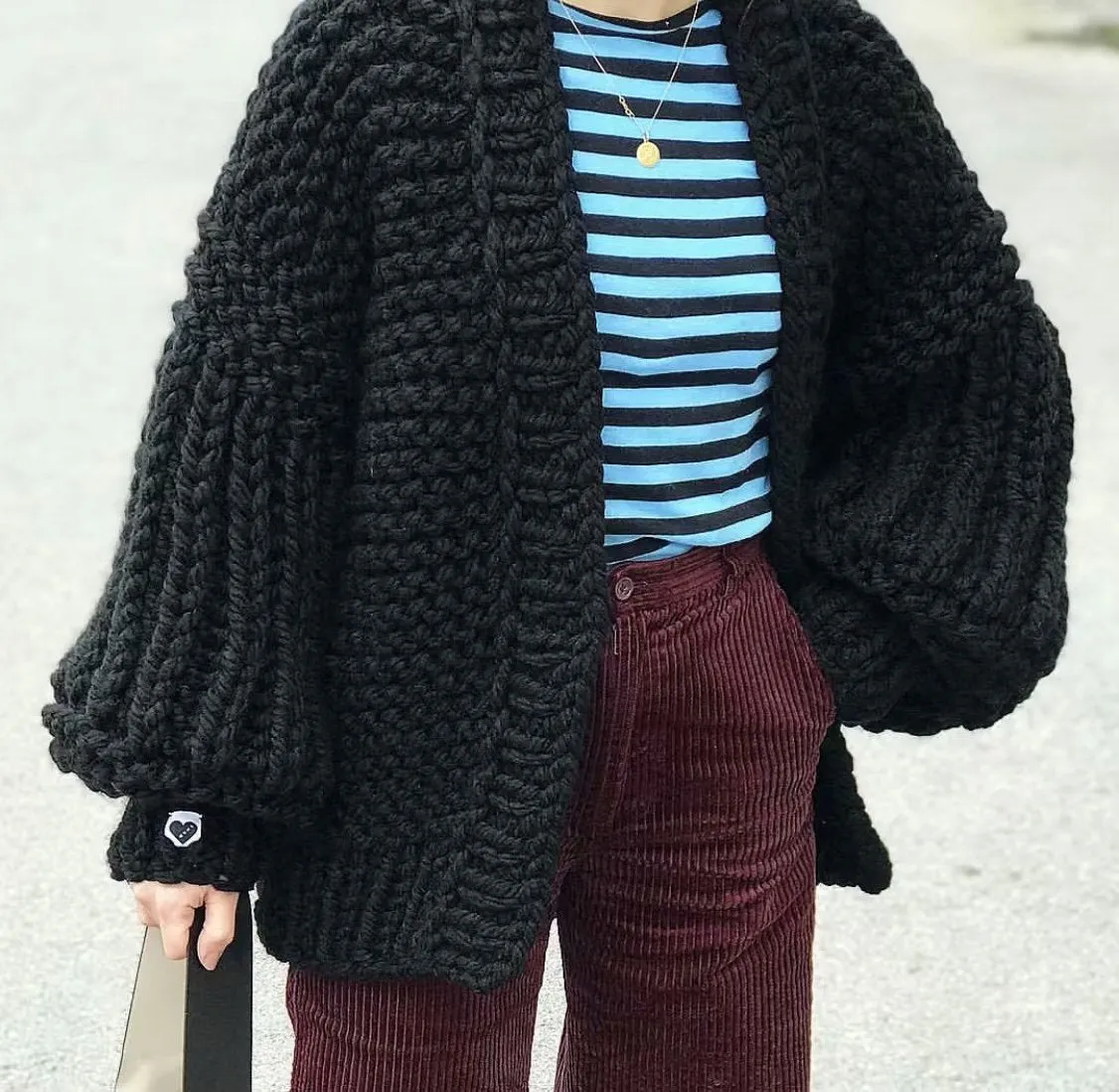 Loose Long Bishop Sleeves Women Hand Knit Chunky Sweater