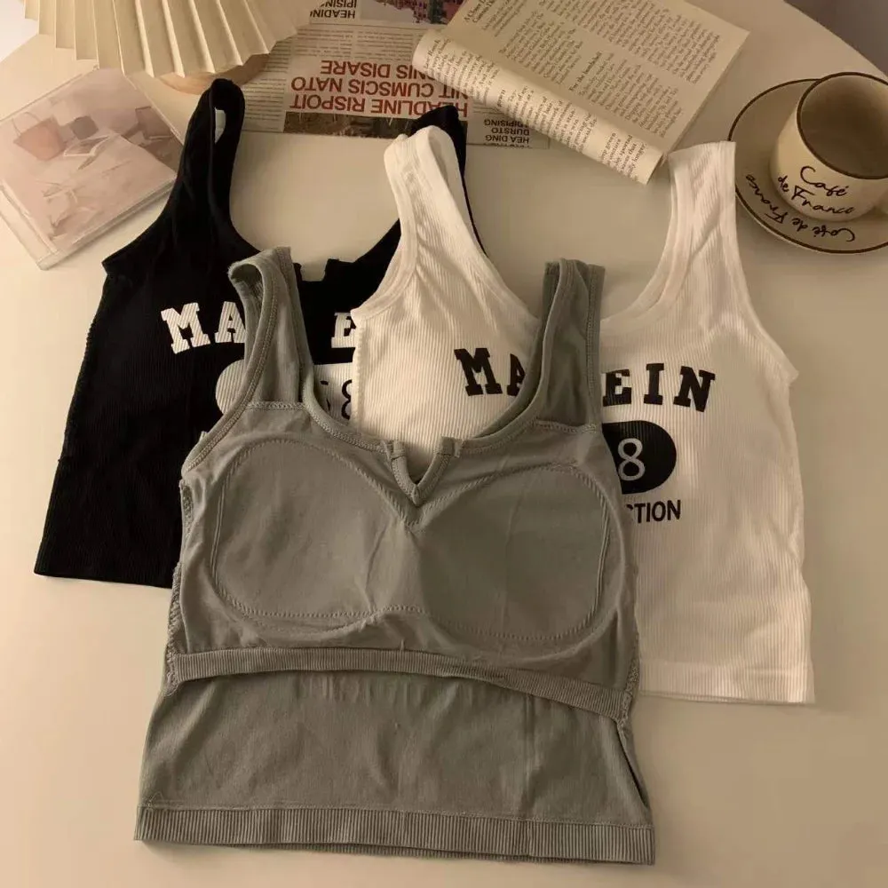 LVSANW Sleeveless Casual Tank Camis for Women Spring Almighty Letter Print Femme Corset Crop Tops with Built In Bras Tanks Camisoles