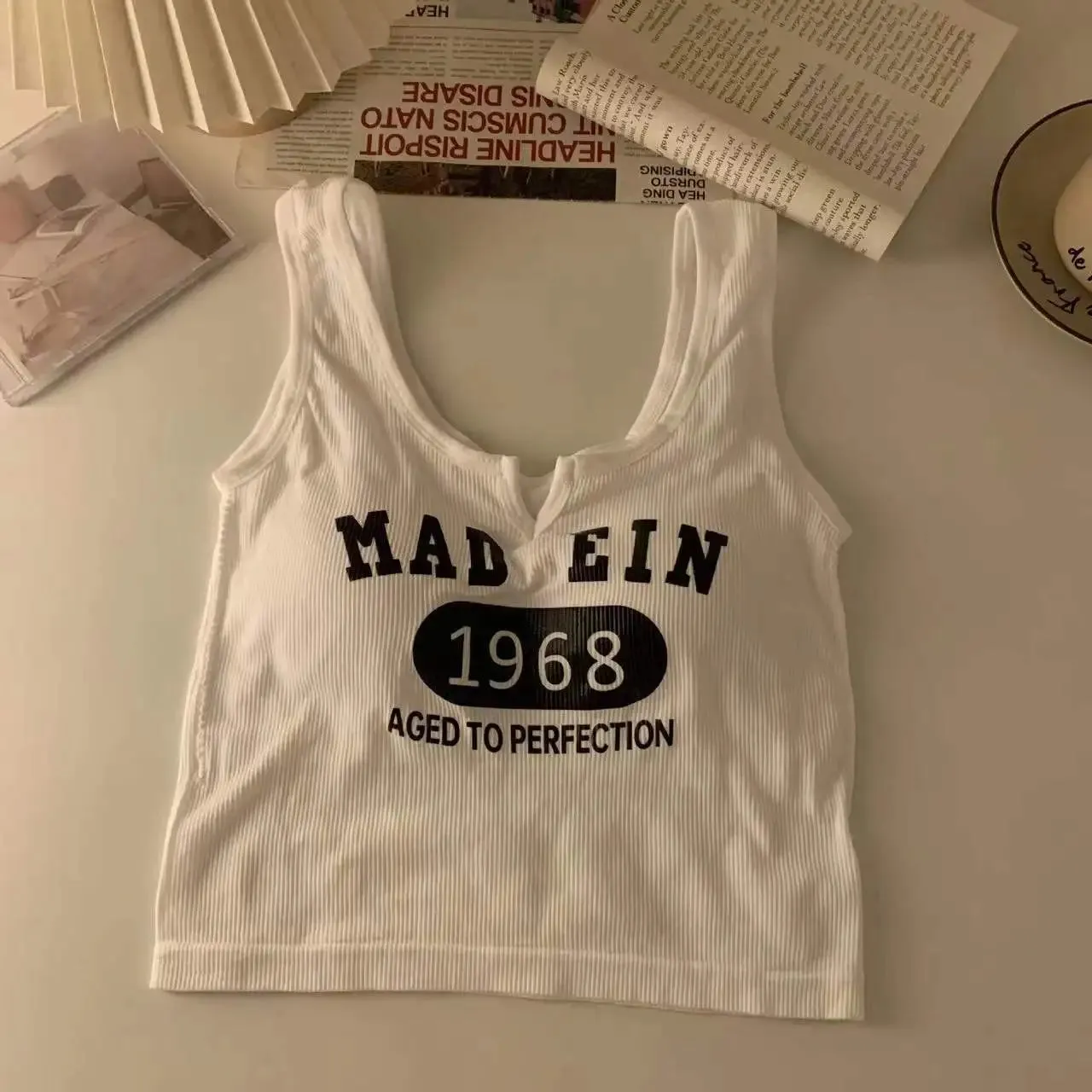 LVSANW Sleeveless Casual Tank Camis for Women Spring Almighty Letter Print Femme Corset Crop Tops with Built In Bras Tanks Camisoles