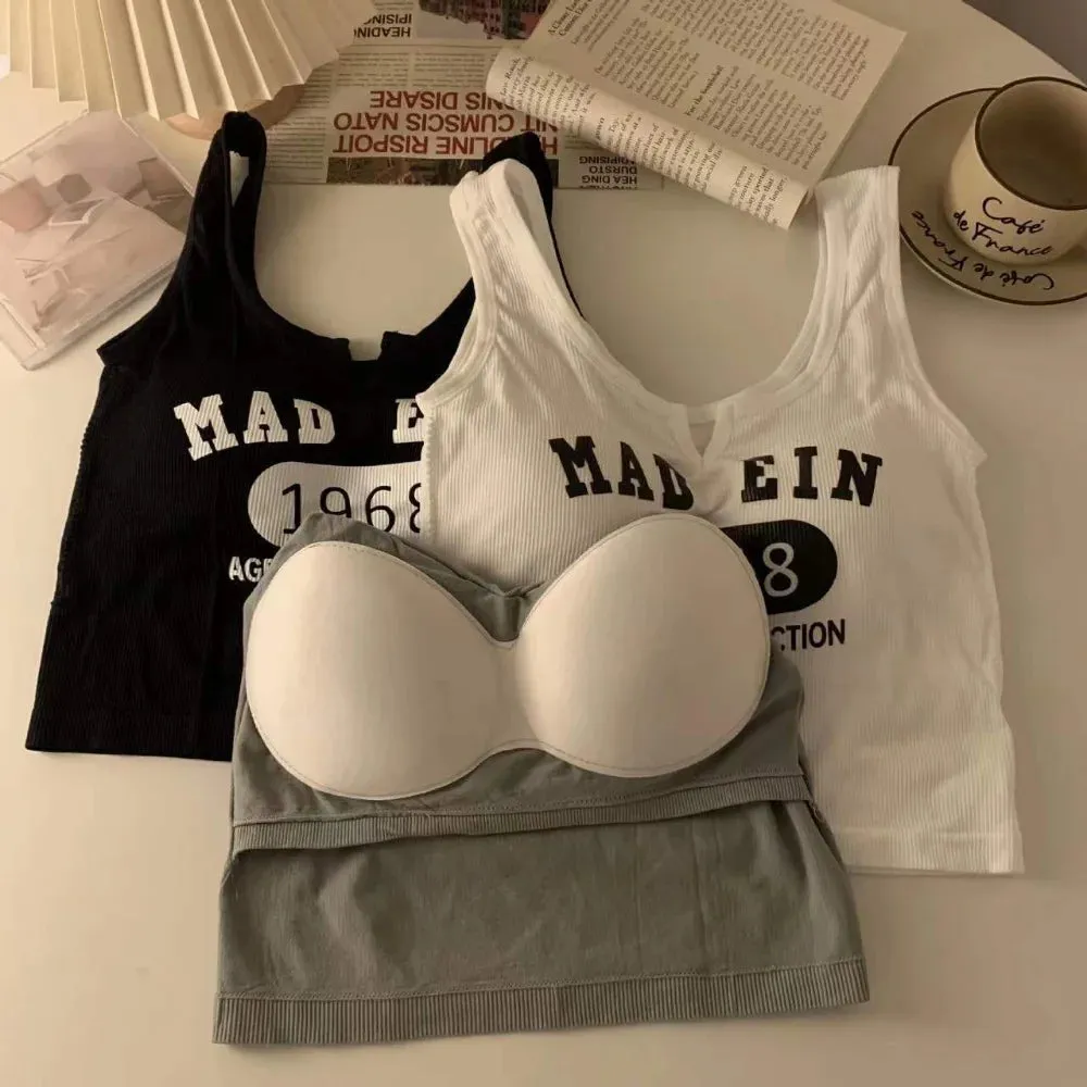 LVSANW Sleeveless Casual Tank Camis for Women Spring Almighty Letter Print Femme Corset Crop Tops with Built In Bras Tanks Camisoles