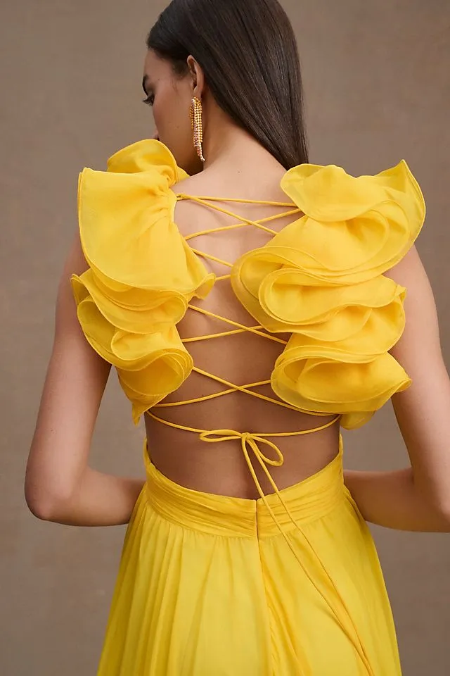 Mac Duggal Chiffon A-Line Dress with Lace Back and Indy Ruffles yellow