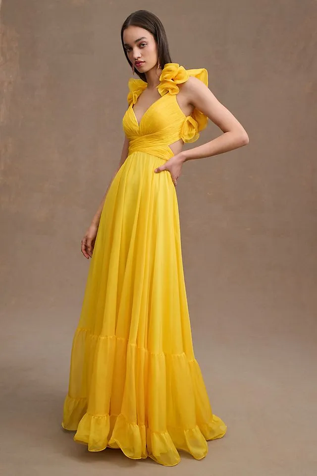 Mac Duggal Chiffon A-Line Dress with Lace Back and Indy Ruffles yellow