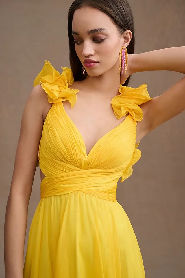 Mac Duggal Chiffon A-Line Dress with Lace Back and Indy Ruffles yellow