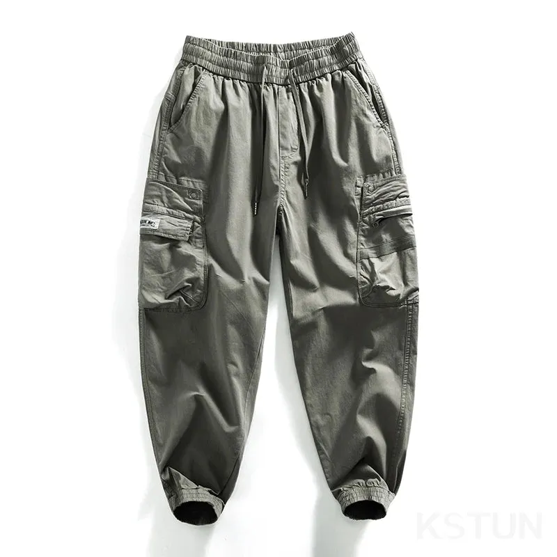 Men Cargo Pants Elastic Waist Loose Jogger Male Casual Harem Pants Sweatpants Tapered Sports Outdoor Trousers Fashion Pockets
