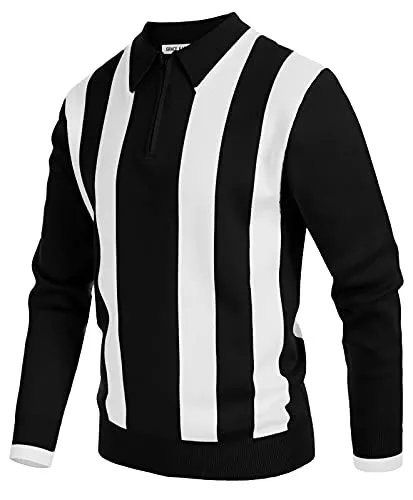 Men's Quarter Zip Polo Knitted Pullover Sweater Casual Contrast Striped Lapel Collar Long Sleeve Sweater Tops Black M