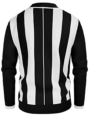 Men's Quarter Zip Polo Knitted Pullover Sweater Casual Contrast Striped Lapel Collar Long Sleeve Sweater Tops Black M