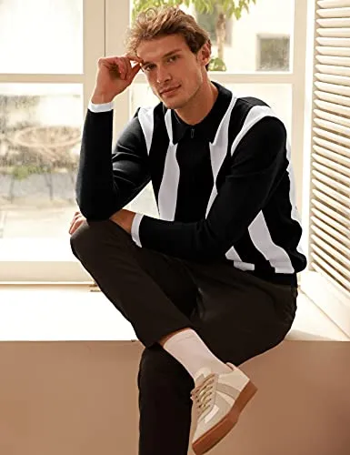 Men's Quarter Zip Polo Knitted Pullover Sweater Casual Contrast Striped Lapel Collar Long Sleeve Sweater Tops Black M