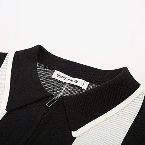 Men's Quarter Zip Polo Knitted Pullover Sweater Casual Contrast Striped Lapel Collar Long Sleeve Sweater Tops Black M
