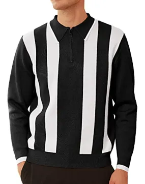 Men's Quarter Zip Polo Knitted Pullover Sweater Casual Contrast Striped Lapel Collar Long Sleeve Sweater Tops Black M