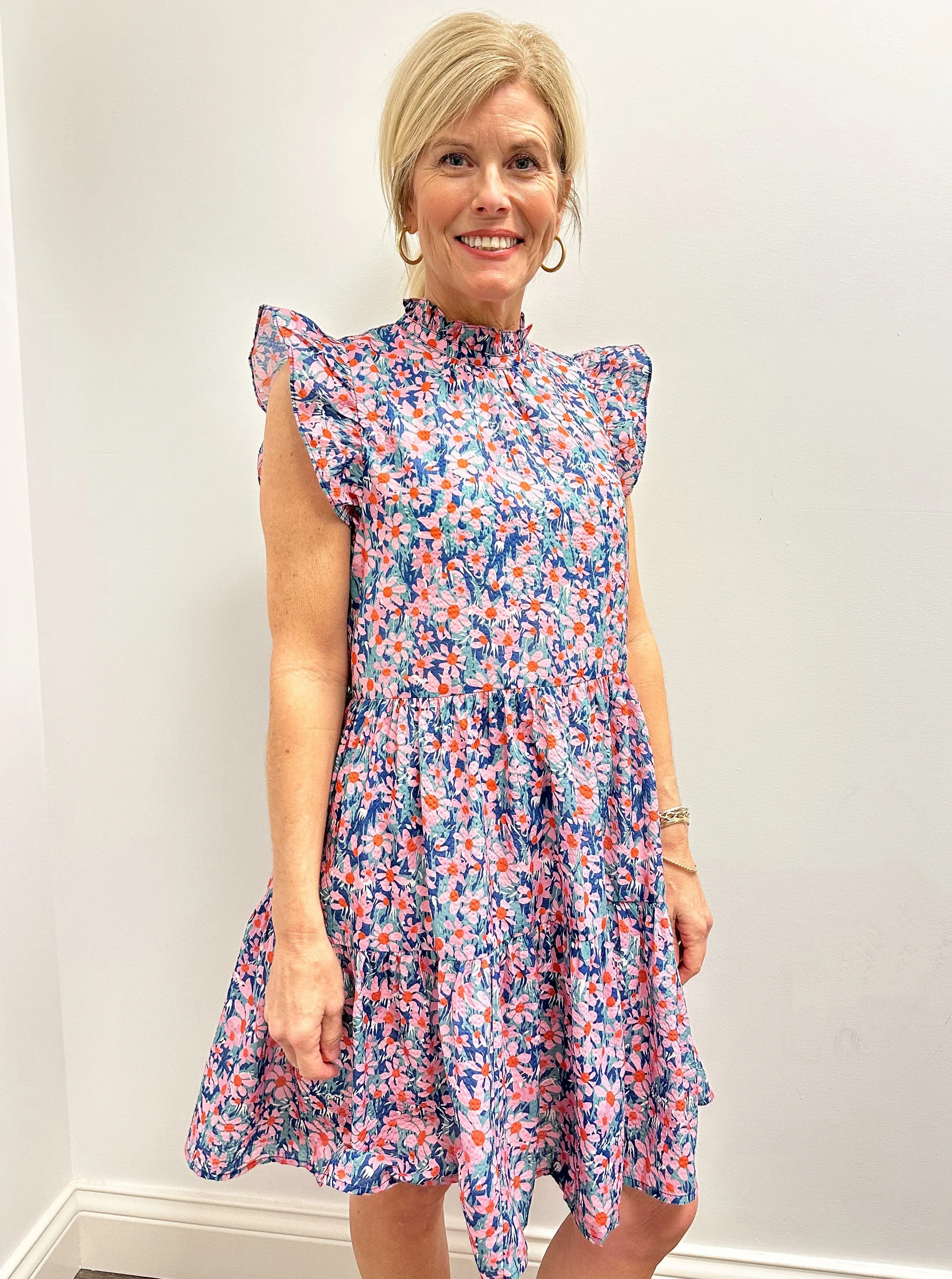 Multicolor Floral Print Ruffle Slv Dress